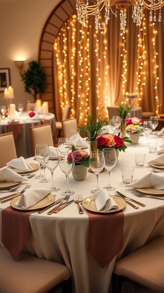 An elegant dinner party table setting with floral centerpieces, candles, and stylish dinnerware.